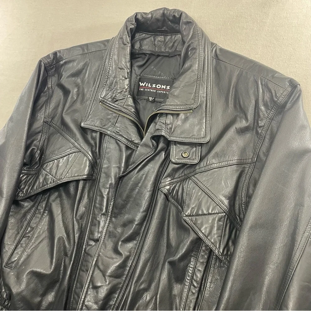 Wilsons Leather Motorcycle Jacket Vintage Black Leather Biker Bomber Jacket XL - Picture 2 of 15